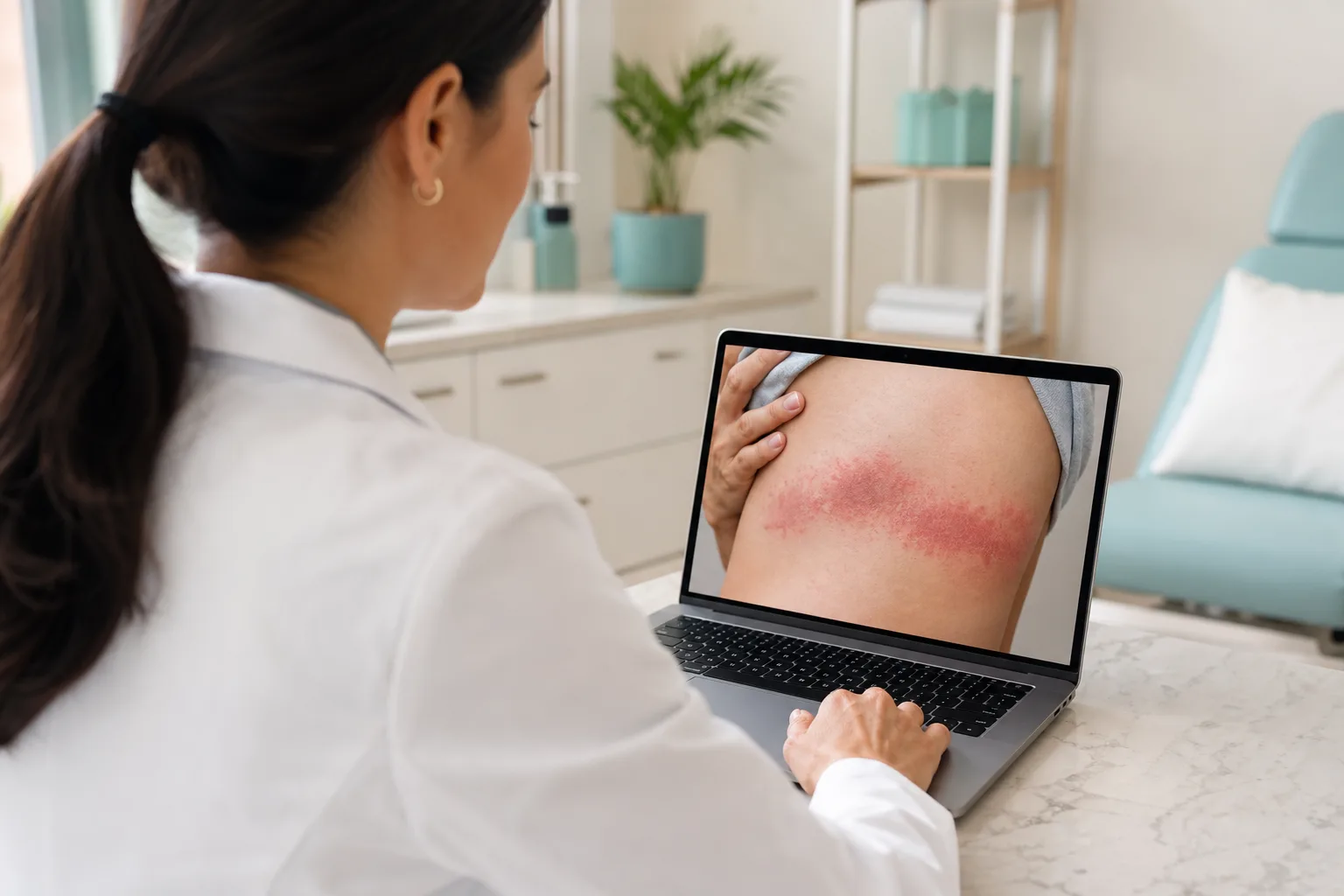 Dermatologist remotely assessing a shingles case